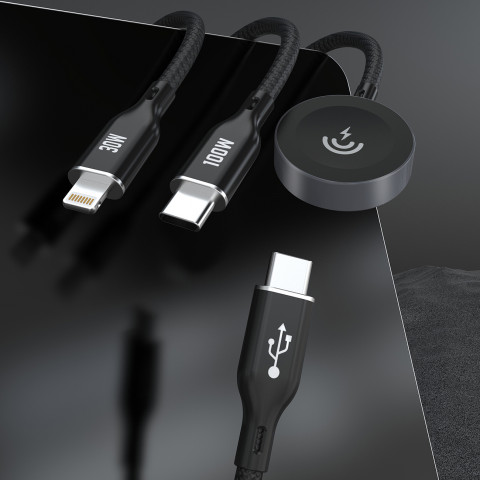 
3in1 laidas USB-C - USB-C / iPhone Lightning / Apple Watch įkroviklis PD 100W 1.2m - juodas
