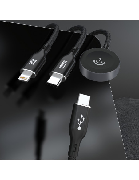 
3in1 laidas USB-C - USB-C / iPhone Lightning / Apple Watch įkroviklis PD 100W 1.2m - juodas
