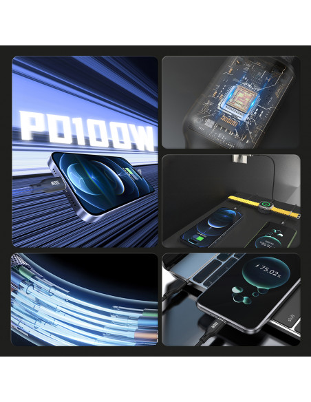 
3in1 laidas USB-C - USB-C / iPhone Lightning / Apple Watch įkroviklis PD 100W 1.2m - juodas
