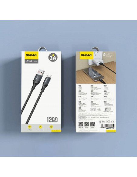 
L3SM USB-A - MicroUSB 3A 1,2 m pintas kabelis - juodas
