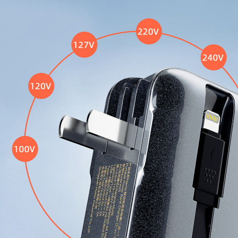 
2in1 JK, JAV, ES sieninis įkroviklis + 10000mAh išorinė baterija USB-C, USB-A – pilka
