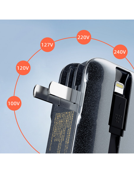 
2in1 JK, JAV, ES sieninis įkroviklis + 10000mAh išorinė baterija USB-C, USB-A – pilka
