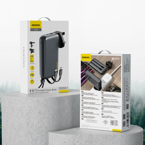 
2in1 JK, JAV, ES sieninis įkroviklis + 10000mAh išorinė baterija USB-C, USB-A – pilka
