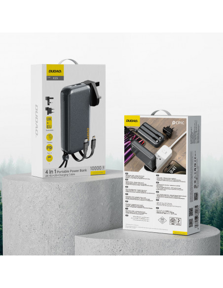 
2in1 JK, JAV, ES sieninis įkroviklis + 10000mAh išorinė baterija USB-C, USB-A – pilka
