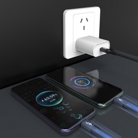 
2in1 L3F laidas 2 USB-C telefonams įkrauti - 2x USB-C 100W 1.2m - juodas
