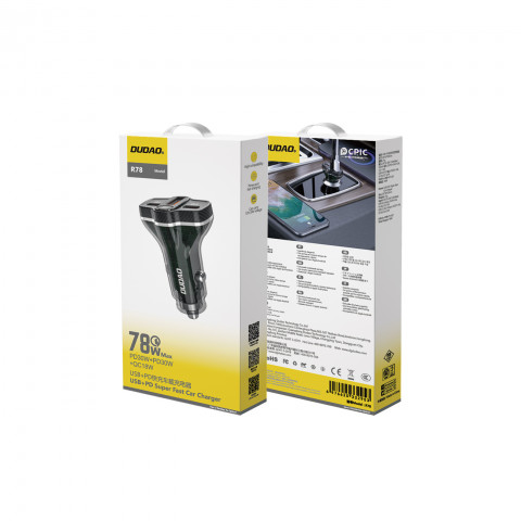 
R78 78W USB-C PD / 2xUSB-A QC automobilinis įkroviklis – juodas
