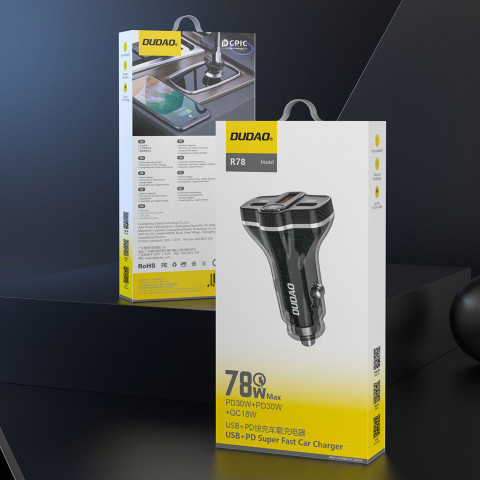 
R78 78W USB-C PD / 2xUSB-A QC automobilinis įkroviklis – juodas
