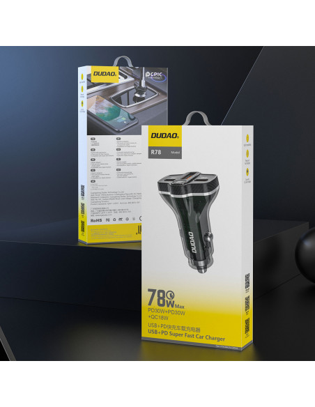 
R78 78W USB-C PD / 2xUSB-A QC automobilinis įkroviklis – juodas
