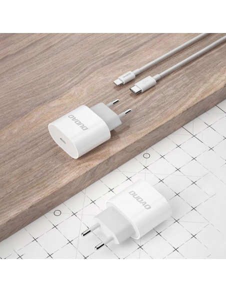 
A14EUC PD 20W USB-C mažas sieninis įkroviklis + USB-C laidas – baltas
