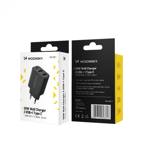 
30 W USB-C 2 x USB-A sieninis įkroviklis – juodas
