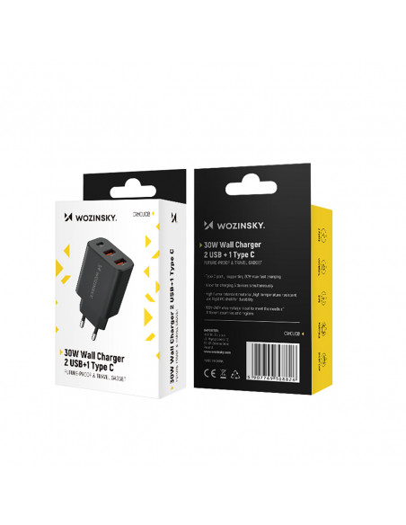 
30 W USB-C 2 x USB-A sieninis įkroviklis – juodas
