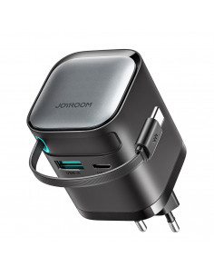 
„GaN“ 65 W USB-A USB-C sieninis įkroviklis su integruotu USB-C laidu – juodas
