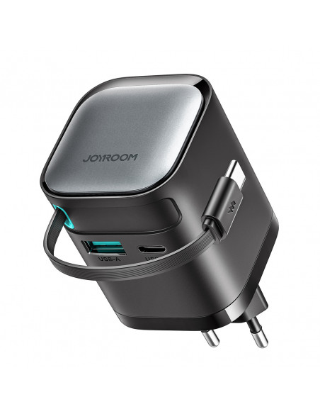 
„GaN“ 65 W USB-A USB-C sieninis įkroviklis su integruotu USB-C laidu – juodas
