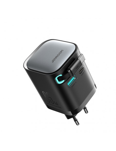 
„GaN“ 65 W USB-A USB-C sieninis įkroviklis su integruotu USB-C laidu – juodas
