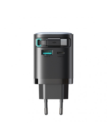 
„GaN“ 65 W USB-A USB-C sieninis įkroviklis su integruotu USB-C laidu – juodas
