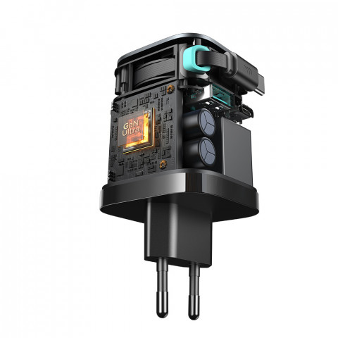 
„GaN“ 65 W USB-A USB-C sieninis įkroviklis su integruotu USB-C laidu – juodas
