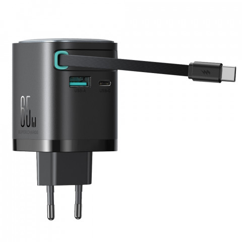 
„GaN“ 65 W USB-A USB-C sieninis įkroviklis su integruotu USB-C laidu – juodas
