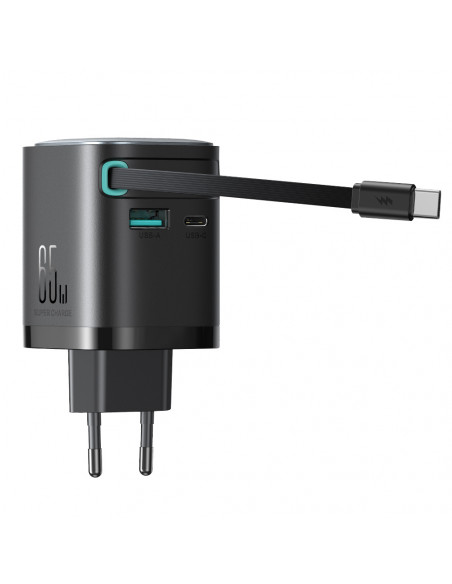 
„GaN“ 65 W USB-A USB-C sieninis įkroviklis su integruotu USB-C laidu – juodas
