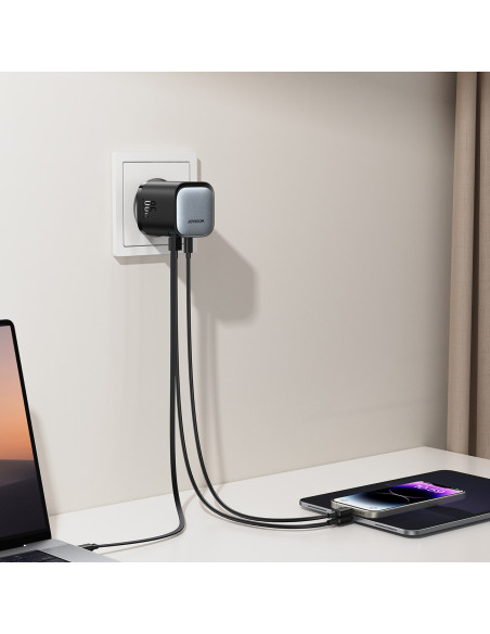 
„GaN“ 65 W USB-A USB-C sieninis įkroviklis su integruotu USB-C laidu – juodas

