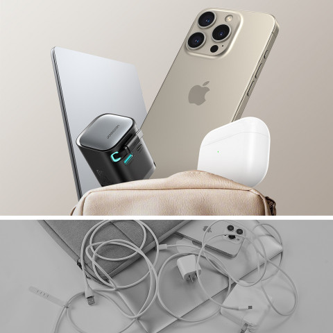 
„GaN“ 65 W USB-A USB-C sieninis įkroviklis su integruotu USB-C laidu – juodas
