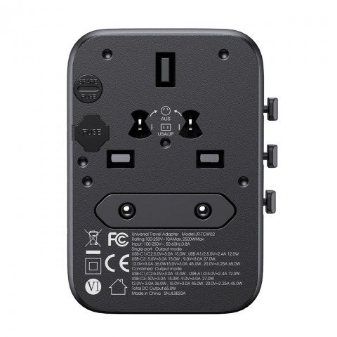 
Universalus kelioninis adapteris įkroviklis 65W ES / JAV / JP / AU / JK / CN - juodas
