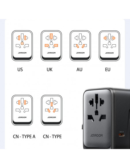 
Universalus kelioninis adapteris įkroviklis 65W ES / JAV / JP / AU / JK / CN - juodas
