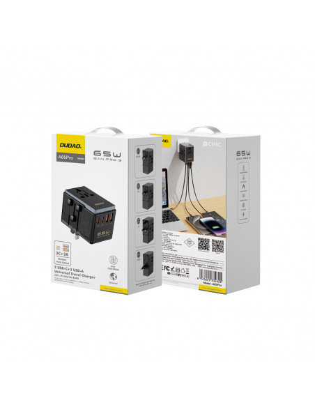 
GAN PRO 3 65W kelioninis adapteris įkroviklis ES / JAV / JP / AUS / JK 2x USB-C 2x USB-A - juodas
