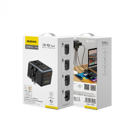 
A35Pro 35W kelioninis adapteris įkroviklis ES / JK / AUS / JAV / JP 3x USB-C 2x USB-A - juodas
