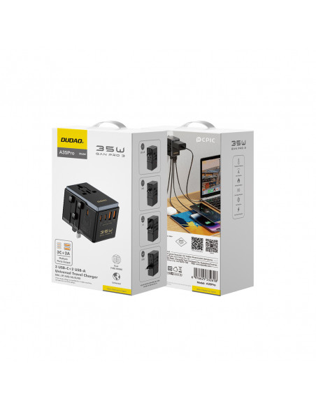 
A35Pro 35W kelioninis adapteris įkroviklis ES / JK / AUS / JAV / JP 3x USB-C 2x USB-A - juodas

