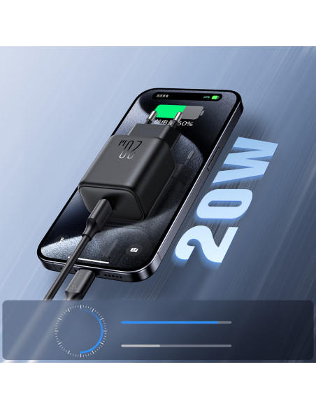 
USB-C PD QC 20W sieninis įkroviklis – juodas
