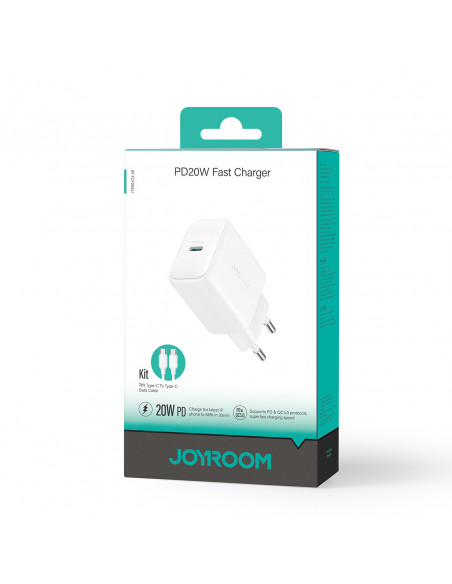 
USB-C PD QC 20W sieninis įkroviklis + 1 m USB-C laidas – baltas
