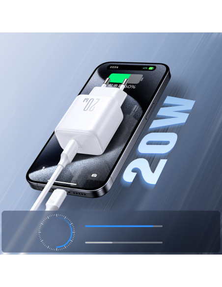 
USB-C PD QC 20W sieninis įkroviklis + 1 m USB-C laidas – baltas
