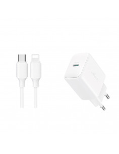 
USB-C PD QC 20W sieninis įkroviklis + 1 m iPhone Lightning laidas – baltas
