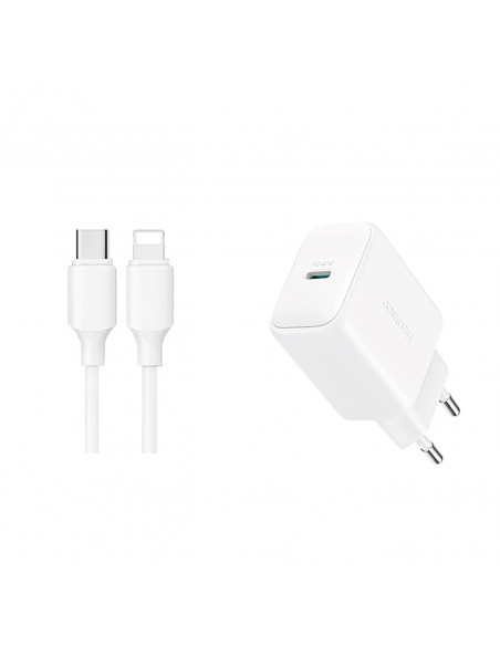 
USB-C PD QC 20W sieninis įkroviklis + 1 m iPhone Lightning laidas – baltas
