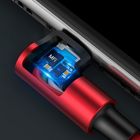 
iPhone Lightning į USB-A MFi 2.4A 1m kampinis kabelis – raudonas
