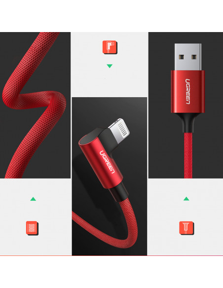 
iPhone Lightning į USB-A MFi 2.4A 1m kampinis kabelis – raudonas
