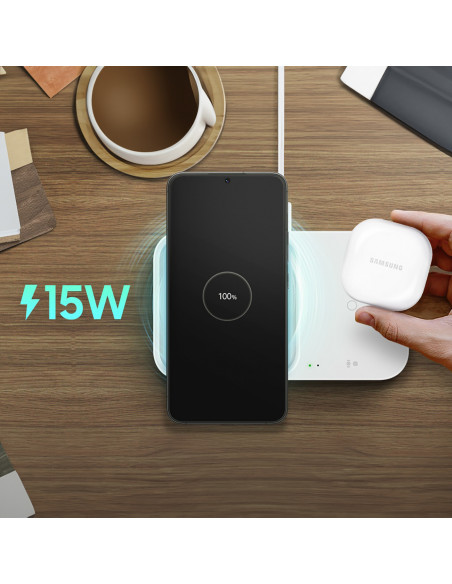 
„Samsung“ belaidis įkroviklis „Duo“ indukcinis 15 W + sieninis įkroviklis ir laidas – baltas
