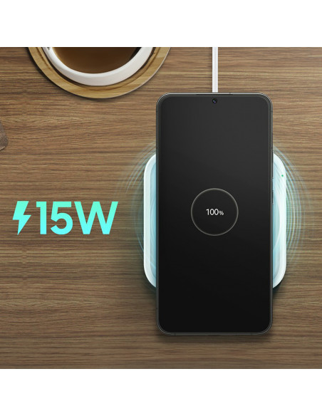 
„Samsung“ belaidis įkroviklis, 15 W indukcinis įkroviklis + sieninis įkroviklis ir USB-C laidas – baltas
