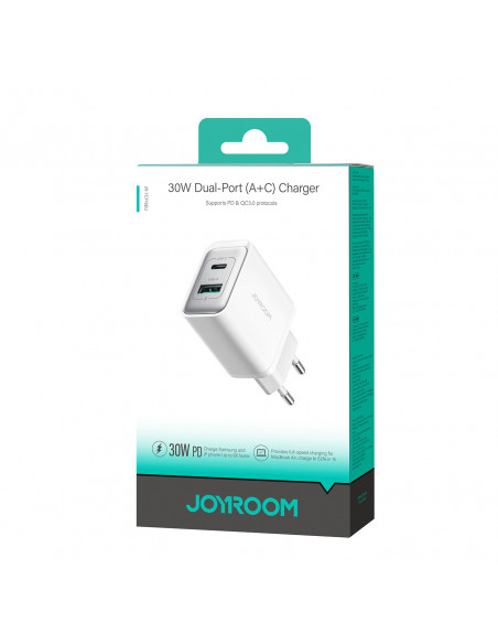 
USB-C - USB-A 30W PD sieninis įkroviklis - baltas
