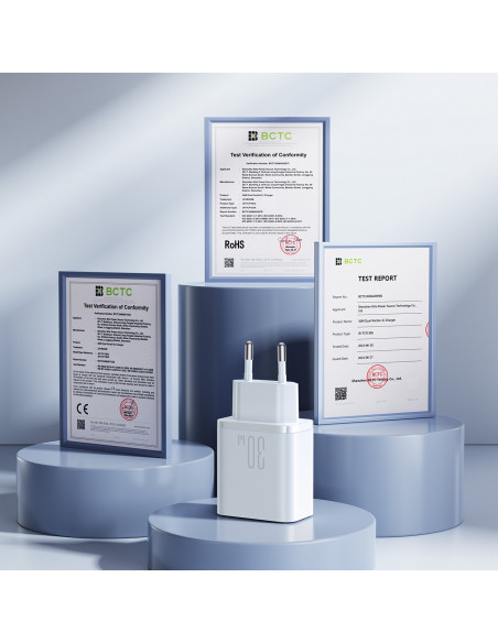 
USB-C - USB-A 30W PD sieninis įkroviklis - baltas
