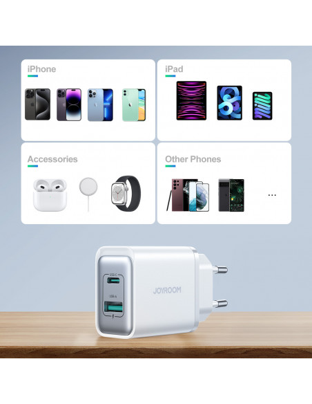 
USB-C - USB-A 30W PD sieninis įkroviklis - baltas
