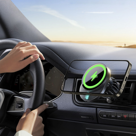 
Magnetinis telefono laikiklis su 15 W indukciniu įkrovikliu, skirtas oro išleidimo angai - juodas
