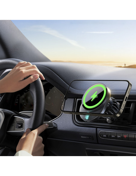 
Magnetinis telefono laikiklis su 15 W indukciniu įkrovikliu, skirtas oro išleidimo angai - juodas

