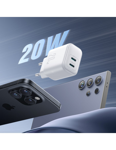 
2x USB-C 20W PD QC 3.0 sieninis įkroviklis – baltas
