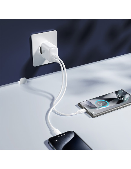 
2x USB-C 20W PD QC 3.0 sieninis įkroviklis – baltas
