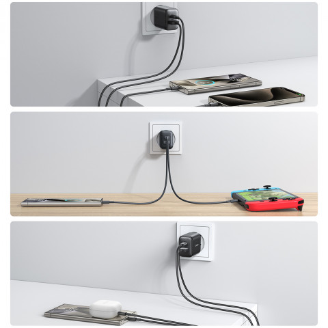 
USB-C ir USB-A 25W SFC PPS PD sieninis įkroviklis – juodas
