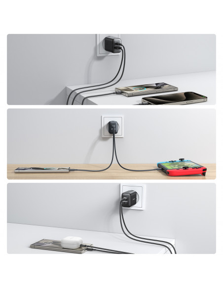 
USB-C ir USB-A 25W SFC PPS PD sieninis įkroviklis – juodas
