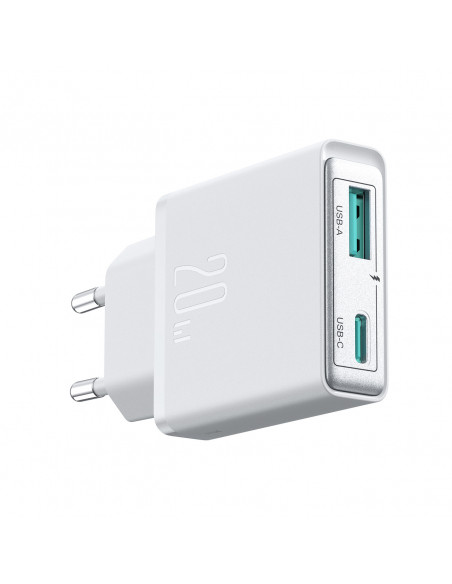 
Mažas ir itin plonas 20 W USB-A USB-C sieninis įkroviklis – baltas
