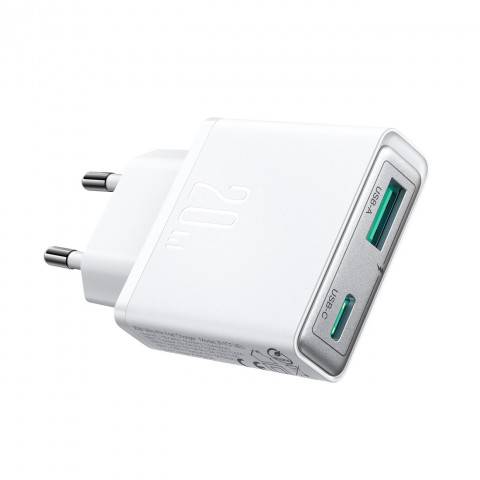 
Mažas ir itin plonas 20 W USB-A USB-C sieninis įkroviklis – baltas
