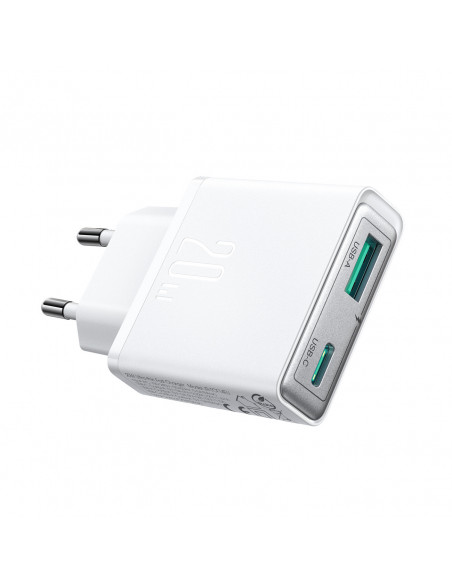 
Mažas ir itin plonas 20 W USB-A USB-C sieninis įkroviklis – baltas
